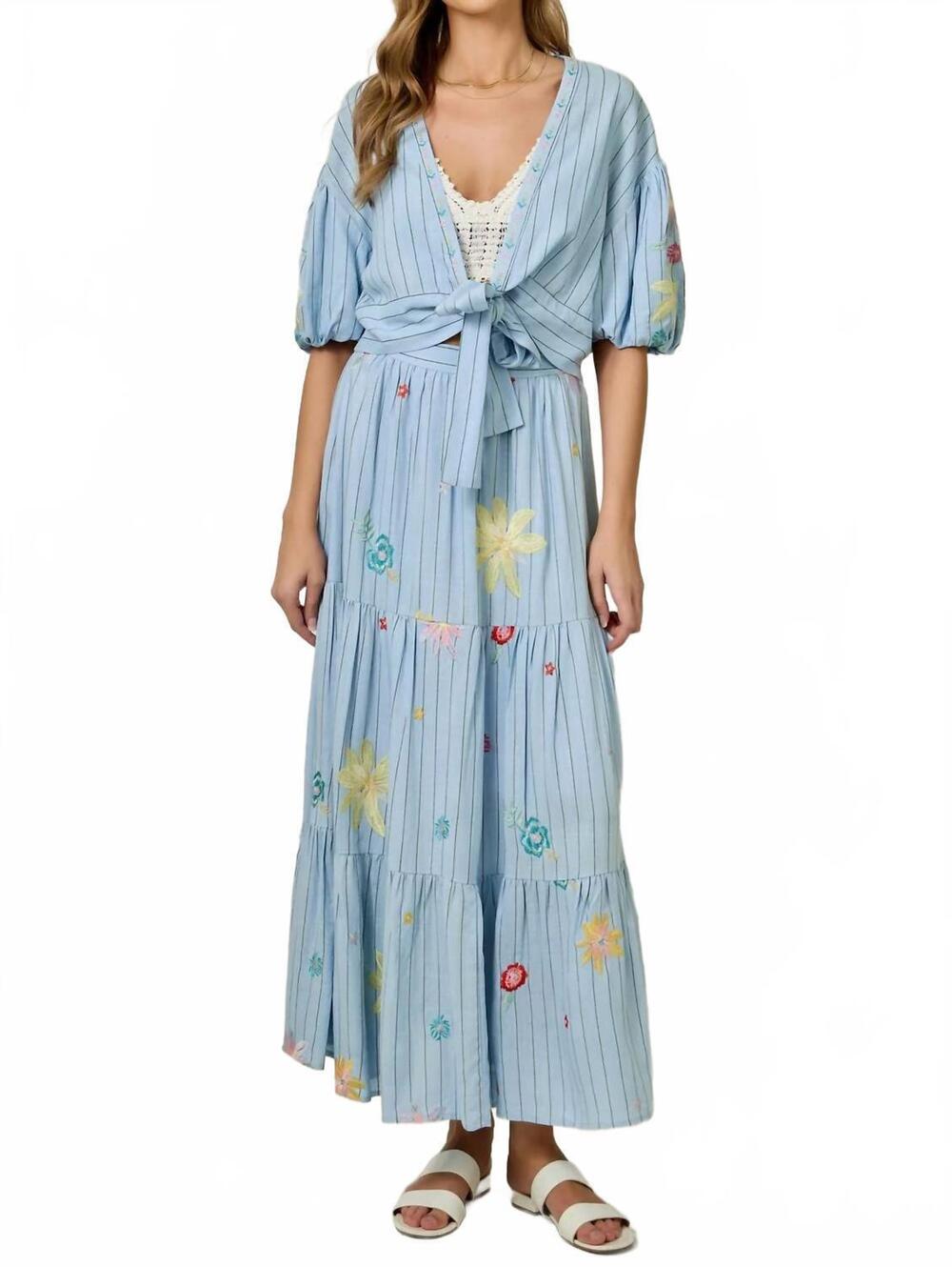NEW MYSTREE embroidered pinstripe tiered skirt in blue